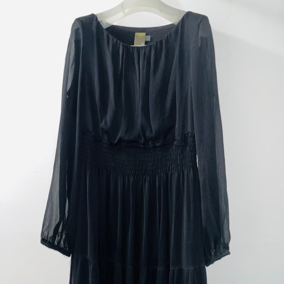 Taylor14 Chiffon Midi Black Fit & Flair Long Sleeve Elastic Waist Dress - Picture 2 of 16